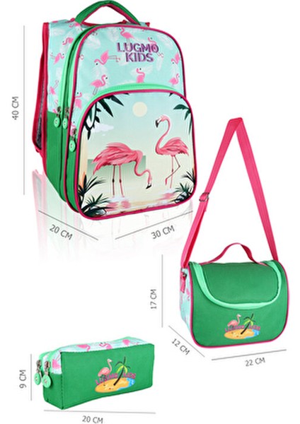 Flamingo 3'lü Okul Çanta Seti Kız Çocuklar İçin Astarlı Pedli Tekstil Yeşil-Pembe