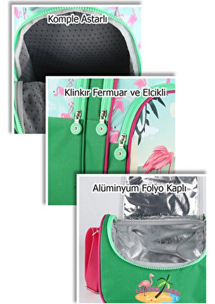 Flamingo 3'lü Okul Çanta Seti Kız Çocuklar İçin Astarlı Pedli Tekstil Yeşil-Pembe