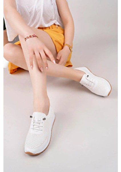 Kadın Babet Ayakkabı Beyaz Suni Deri Lastik Bağcıklı Günlük Kullanım İçin