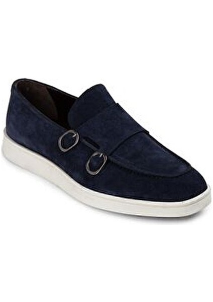 Süet Lacivert Loafer Ayakkabı Erkekler İçin Düz Kauçuk Taban 01966MLCVC01