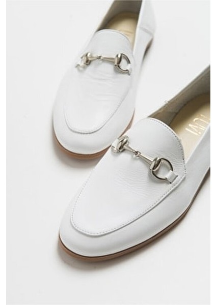 Kadın Babet Beyaz Cılt Deri Şık Tasarım 1 cm Topuklu Rahat Ayakkabı