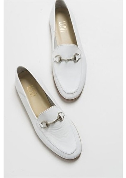 Kadın Babet Beyaz Cılt Deri Şık Tasarım 1 cm Topuklu Rahat Ayakkabı