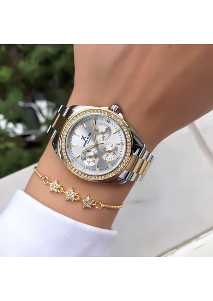 Marka Gold Renk Multifonksiyon Çelik Kadın Kol Saati Bileklik Hediyeli