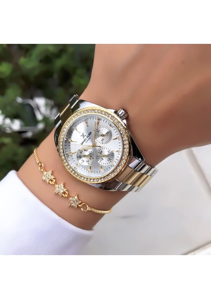 Marka Gold Renk Multifonksiyon Çelik Kadın Kol Saati Bileklik Hediyeli fiyatları