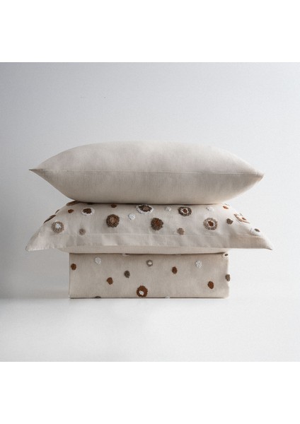 Lal Battal Boy Nevresim Takımı Pamuk Keten Panç Nakışlı Bej 240X220 cm