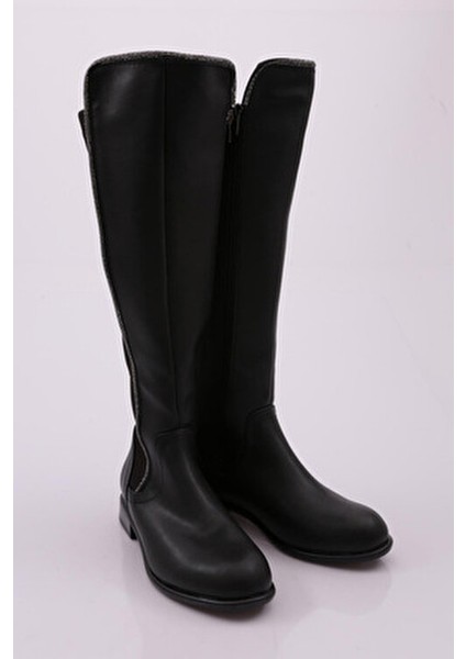 508-22K Kadin Arkasi Stretch Yan Taşli Şerit Knee High Flats Çizme