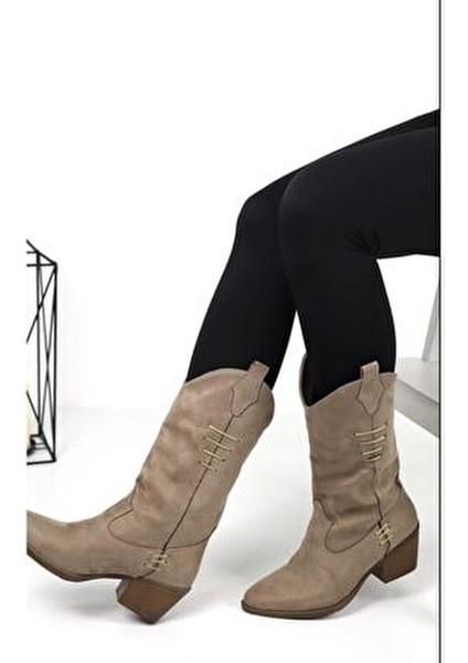 Süet Vizon Renk Sivri Burun Kadın Kovboy Çizme