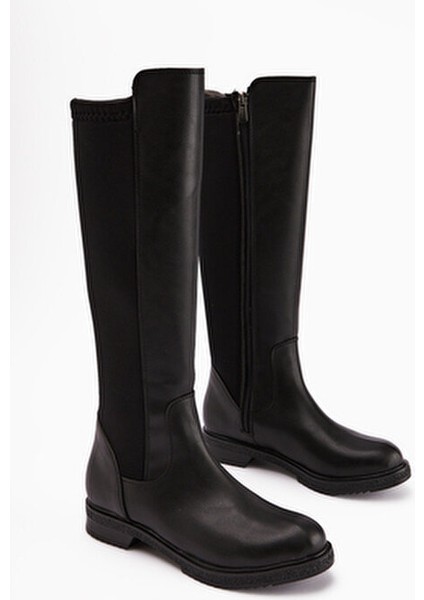 Benedikta Siyah Oval Burunlu Dalgıç Kumaş Detaylı Çizme