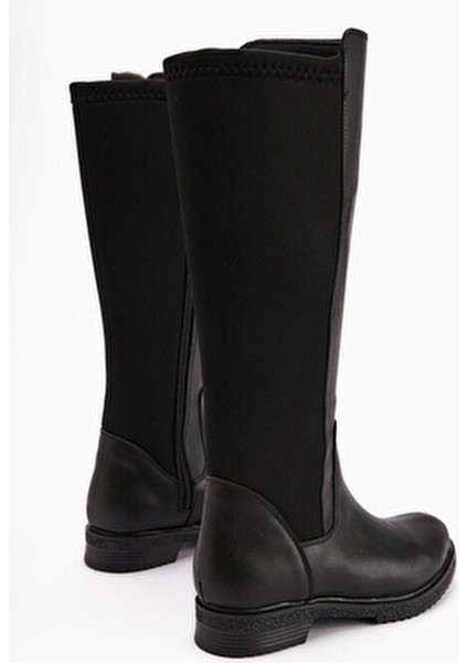 Benedikta Siyah Oval Burunlu Dalgıç Kumaş Detaylı Çizme