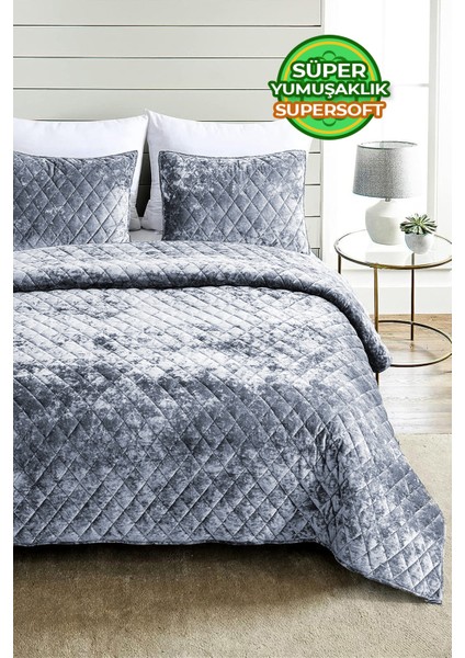 Kapitone Kadife Yatak Örtüsü Seti Çift Kişilik Supersoft 3 Parça Yumuşak Elyaf Dolgulu Çeyizlik Gri