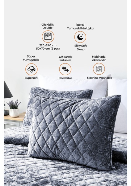 Kapitone Kadife Yatak Örtüsü Seti Çift Kişilik Supersoft 3 Parça Yumuşak Elyaf Dolgulu Çeyizlik Gri fiyatları