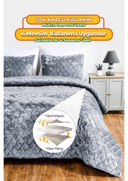 Kapitone Kadife Yatak Örtüsü Seti Çift Kişilik Supersoft 3 Parça Yumuşak Elyaf Dolgulu Çeyizlik Gri fırsatları