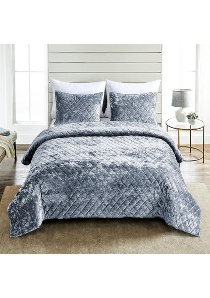 Kapitone Kadife Yatak Örtüsü Seti Çift Kişilik Supersoft 3 Parça Yumuşak Elyaf Dolgulu Çeyizlik Gri