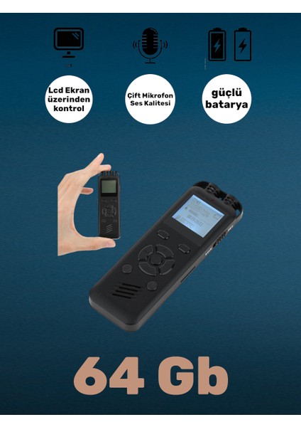 LED Ekranlı 64 gb Çift Mikrofon Akıllı Gürültü Azaltma Ses Kayıt Cihazı KB-80