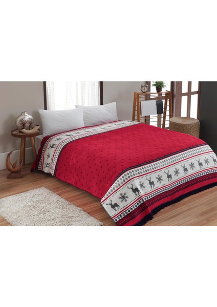 Pamuklu Çift Kişilik Battaniye 180x220 cm Kırmızı Geyik ve Kar Tanesi Desenli Dört Mevsim Kullanım