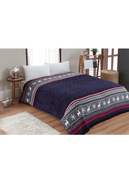 Pamuklu Çift Kişilik Battaniye 180x220 cm Kırmızı Geyik ve Kar Tanesi Desenli Dört Mevsim Kullanım fiyatları