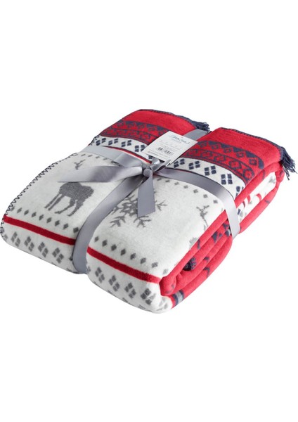 Pamuklu Çift Kişilik Battaniye 180x220 cm Kırmızı Geyik ve Kar Tanesi Desenli Dört Mevsim Kullanım modelleri