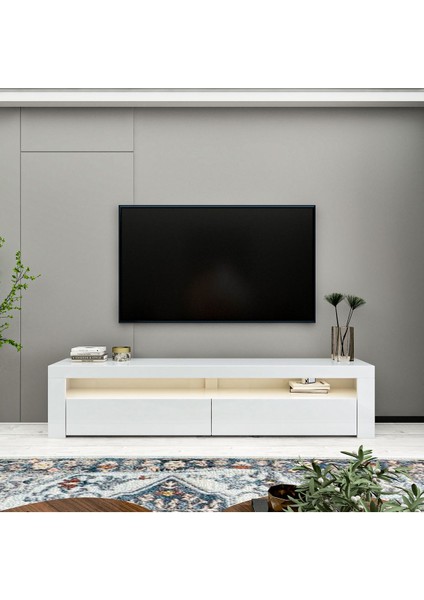 Batı LED Işıklı 2 Kapaklı TV Sehpası – 150 cm – Minimal Tasarım, Parlak Beyaz