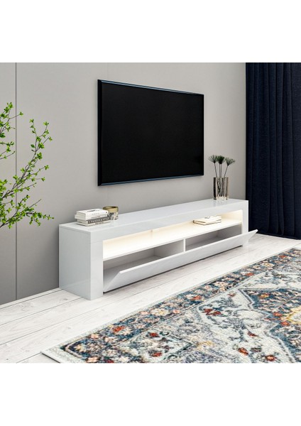 Batı LED Işıklı 2 Kapaklı TV Sehpası – 150 cm – Minimal Tasarım, Parlak Beyaz