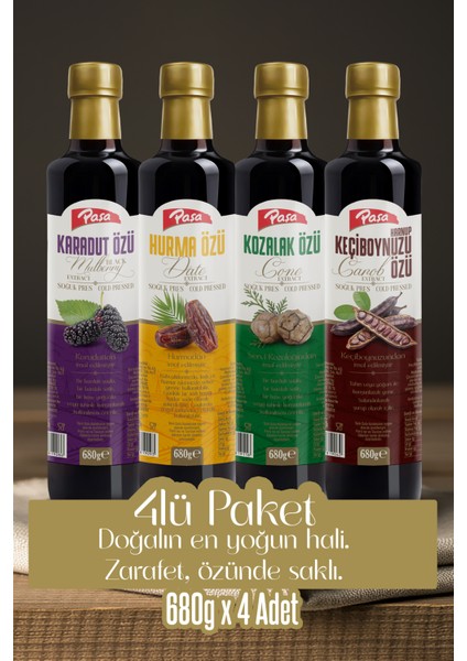 Paşa Lezzet Özleri 4’lü Karışım - Karadut Özü, Hurma Özü, Keçiboynuzu Özü, Kozalak Özü