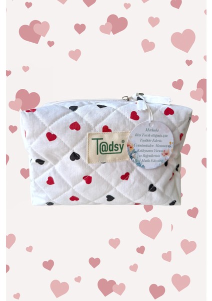 Kalp Desenli %100 Pamuk Makyaj ve Kozmetik Çantası | 22X12X10 cm | Seyahat Organizer