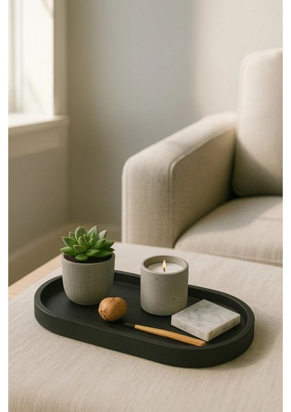 Mat Siyah Beton Oval Tepsi – Şık ve Dayanıklı Dekoratif Sunum Tepsisi (18×9 cm) indirimleri
