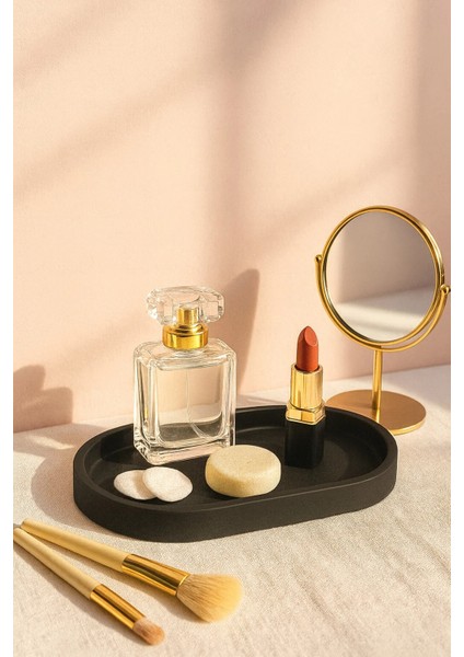 Mat Siyah Beton Oval Tepsi – Şık ve Dayanıklı Dekoratif Sunum Tepsisi (18×9 cm)