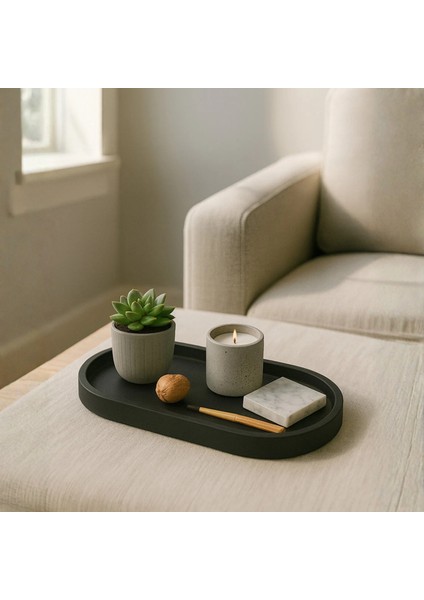 Mat Siyah Beton Oval Tepsi – Şık ve Dayanıklı Dekoratif Sunum Tepsisi (18×9 cm)