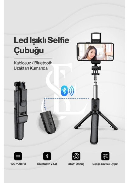 Led Işıklı Selfie Çubuğu Bluetooth Kumandalı Kablosuz Tripot Selfie Monopod Selfie Stick