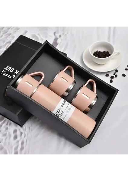 Bir fincan üç kapak termos fincan seti 304 paslanmaz çelik saplı kapak hediye kupası Erkek ve Kadın Taşınabilir Hediye Kutusu Set Kapasitesi: 500ml/Renk: Pembe Set (Yurt Dışından)