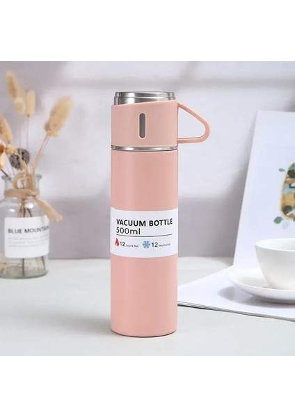 500ML Taşınabilir 304 Paslanmaz Çelik Vakum Yalıtımlı Şişe Seti Ofis Business Style Kahve Kupa Termos Şişe Seyahat Kurı Kapasite: 500ML/RENK: Pembe (Yurt Dışından)