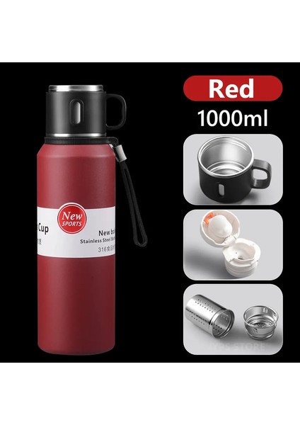 1000ML Paslanmaz Çelik Termos Şişesi Sıcak Kahve Vakum Termal Su Şişesi Yalıtımlı Kupa Vakum Şişeler Çift Duvar Seyahat Kazaneti: 1000ML/RENK: Kırmızı (Yurt Dışından)