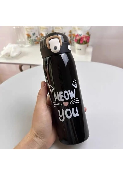 500ML Karikatür Kedi Paslanmaz Çelik Termal Şişe Saman Taşınabilir Çocuklar Taşınabilir Çocuklar Sevimli Seyahat Termal Su Şişesi Tumbler Kapasite: 350ML/RENK: Siyah (Yurt Dışından)
