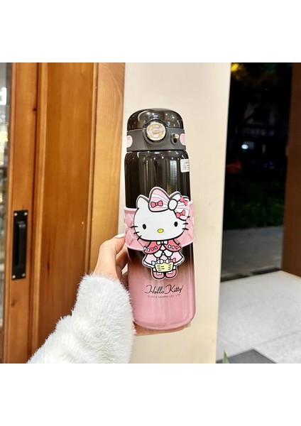 500ML Karikatür Yavru Vakum Termos Kupası Paslanmaz Çelik Yalıtımlı Şişe Kaldırma Halat Taşınabilir Açık Içme Su Kupası Kapasite: 500ML/RENK: Siyah Pembe (Yurt Dışından)