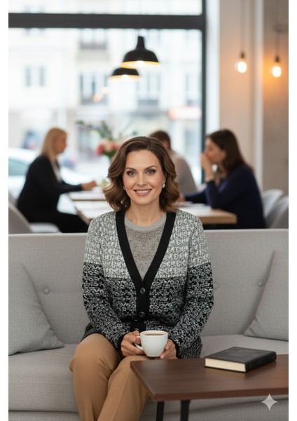 Kadın Kışlık Motifli Çift Cepli Önü Düğmeli Normal Kesim Likralı Yünlü Dokuma Kumaş Anne Hırka fiyatları