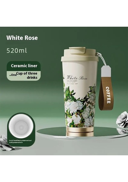 Gianxi Yeni Görünüm Seviye Kahve Termos Kupası Seramik Saman Çift Içme Kupası Günlük Kampüs Kahve Kupası Kapasitesi: 520ML/RENK: Beyaz Gül: (Yurt Dışından)