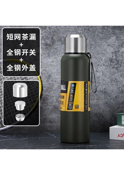 Spor Su Şişesi Paslanmaz Çelik Termos Kupası Büyük Kapasiteli Vakum Şişesi Halat ile Taşınabilir Yalıtımlı Tumbler 500/1000/1500ML Kapasite: 1500ML/RENK: Yeşil (Yurt Dışından)