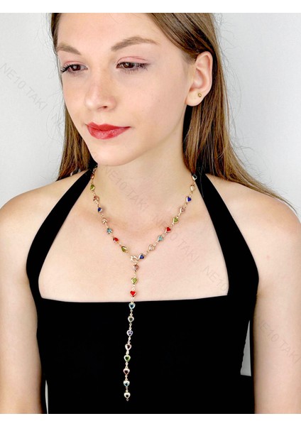 Y Kolye, Taşlı, Çok Renkli, Kalpli, Kolye 432, Kasa Altın Renk fırsatları