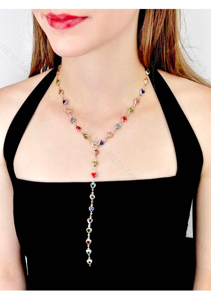 Y Kolye, Taşlı, Çok Renkli, Kalpli, Kolye 432, Kasa Altın Renk indirimleri