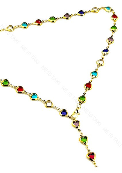 Y Kolye, Taşlı, Çok Renkli, Kalpli, Kolye 432, Kasa Altın Renk