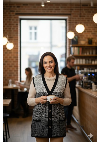 Kadın Triko Kışlık Motifli Düğmeli Çift Cepli Normal Kesim Likralı Yünlü Dokuma Kumaş Anne Yelek modelleri