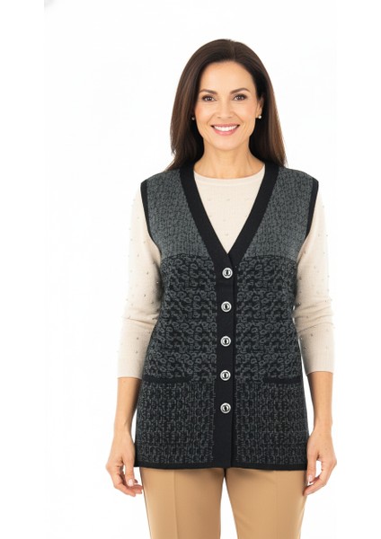 Kadın Triko Kışlık Motifli Düğmeli Çift Cepli Normal Kesim Likralı Yünlü Dokuma Kumaş Anne Yelek