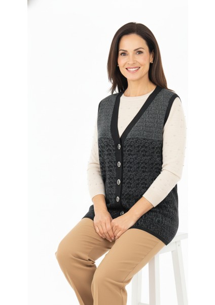 Kadın Triko Kışlık Motifli Düğmeli Çift Cepli Normal Kesim Likralı Yünlü Dokuma Kumaş Anne Yelek fiyatları