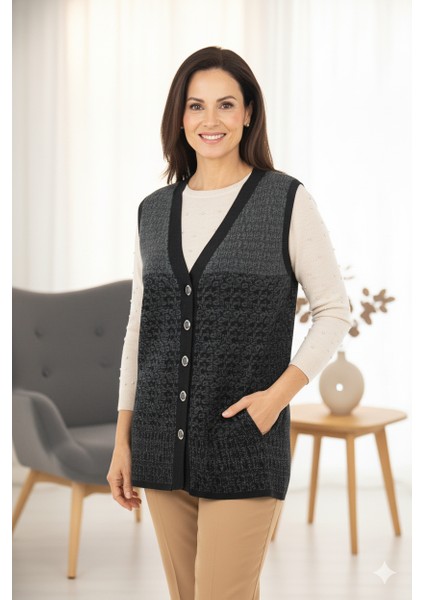 Kadın Triko Kışlık Motifli Düğmeli Çift Cepli Normal Kesim Likralı Yünlü Dokuma Kumaş Anne Yelek fırsatları