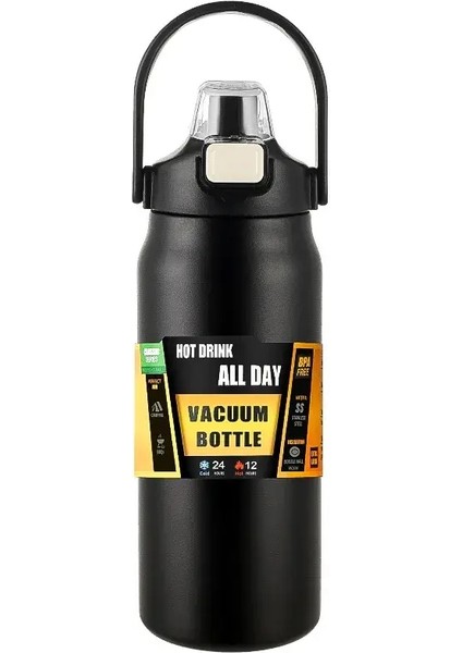 Açık Termos Taşınabilir 304 Paslanmaz Çelik Termal Kupa Tumbler Vakum Şişeleri Soğuk ve Sıcak Spor Su Şişesi Saman Kapasitesi: 1200ML/RENK: Siyah (Yurt Dışından)