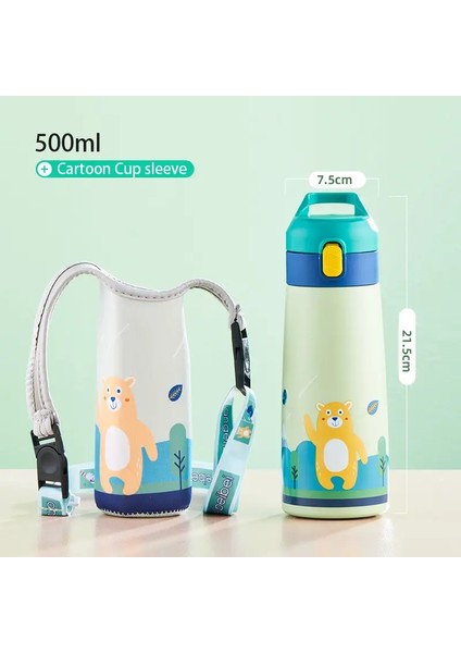 Gianxi Kids Paslanmaz Çelik Saman Termos Kupa Kılıf Karikatür Sızdıran Sızdıran Vakum Şişesi Çocuklar Termal Su Şişesi Termokup Kapasitesi: 500ML/RENK: Ayı Seti (Yurt Dışından)