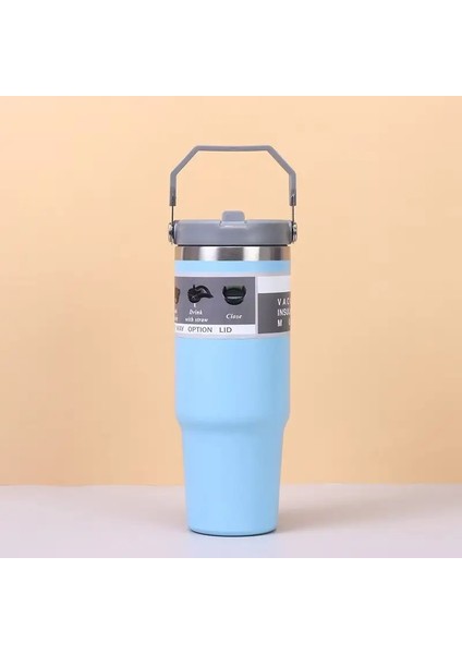 30 Oz Büyük Kapasiteli Taşınabilir Araba Fincan Paslanmaz Çelik Termos Fincan Saman Saplı Seyahat Spor Su Şişesi Vakum Şişesi Kapasite: 801-900ML/RENK: Gök Mavisi (Yurt Dışından)