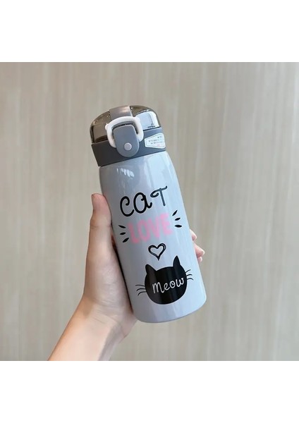 350ML/500ML Karikatür Kedi Paslanmaz Çelik Vakum Şişesi Samansız Portatif Çocuklarla Termos Kupa Termal Su Şişesi Tumbler Kapasite: 350ML/RENK: Gri (Yurt Dışından)