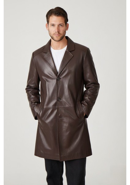 Kahve Tarkan Düğmeli Astarlı Trençkot Erkek Hakiki Deri Kaban
