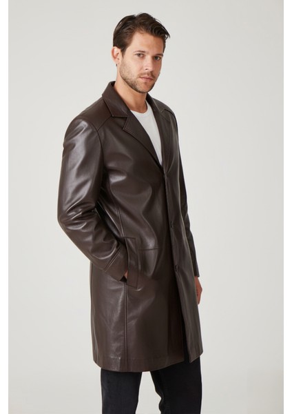 Kahve Tarkan Düğmeli Astarlı Trençkot Erkek Hakiki Deri Kaban fiyatları